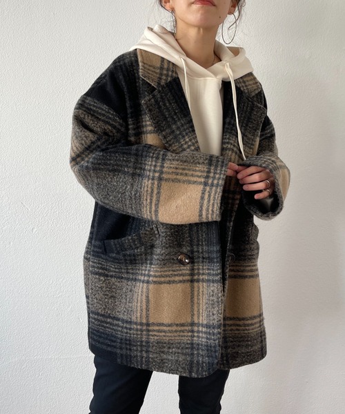 wee9s（ウィークス）の「over size check coat / オーバーサイズドロップショルダーチェックコート（テーラードジャケット・レディース・ブラック/ブラウン・FREE）」の19枚目の写真