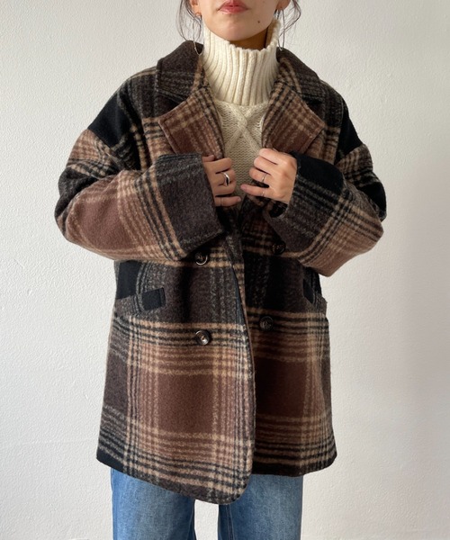 wee9s（ウィークス）の「over size check coat / オーバーサイズドロップショルダーチェックコート（テーラードジャケット・レディース・ブラック/ブラウン・FREE）」の7枚目の写真