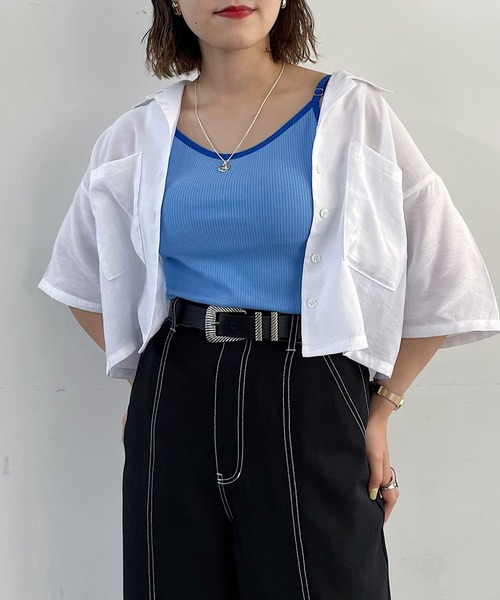 PAGEBOY（ページボーイ）の「ショート開襟アソートシャツ（シャツ/ブラウス・レディース・オフホワイト/ブラック/ブラック系その他/ターコイズブルー・FREE）」の2枚目の写真