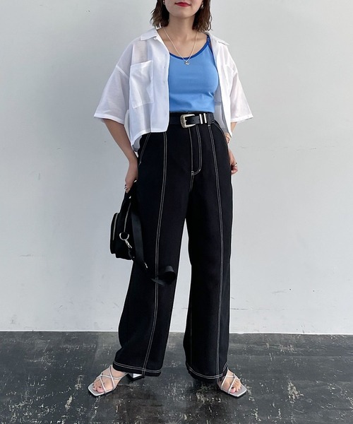 PAGEBOY（ページボーイ）の「ショート開襟アソートシャツ（シャツ/ブラウス・レディース・オフホワイト/ブラック/ブラック系その他/ターコイズブルー・FREE）」の7枚目の写真