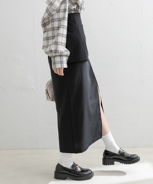 OLIVE des OLIVE（オリーブデオリーブ）の「レイヤードラップ風ビットスリットスカート（スカート・レディース・チャコールグレー/ブラック/ブラウン・FREE）」の4枚目の写真