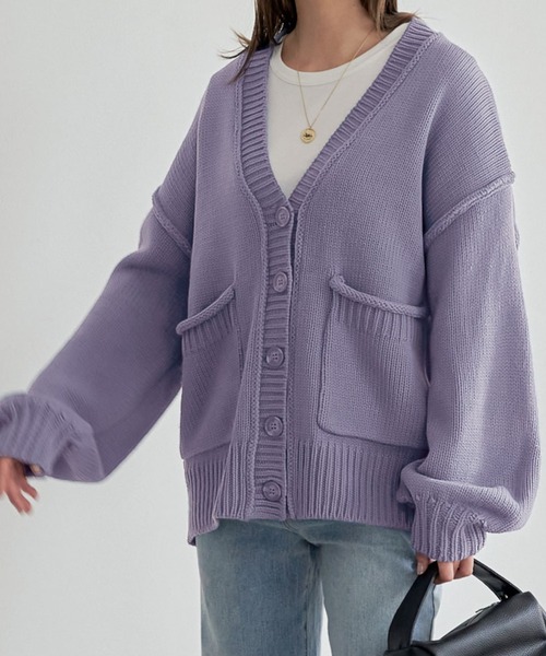 KOBE LETTUCE（コウベレタス）の「ポケット付きチュニック丈ニットカーディガン（カーディガン/ボレロ・レディース・ブラック/パープル/ピンク/ブルー/ベージュ系・FREE）」の4枚目の写真