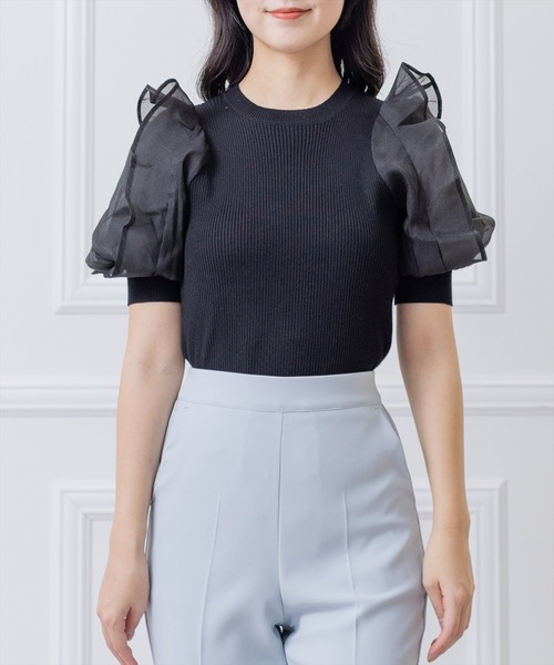 clear（クリア）の「布帛切替半袖パフスリーブニットトップス （ニット/セーター・レディース・オフホワイト/サックスブルー/ブラック/ベージュ・F）」の2枚目の写真