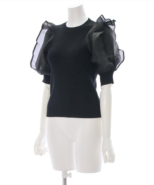 clear（クリア）の「布帛切替半袖パフスリーブニットトップス （ニット/セーター・レディース・オフホワイト/サックスブルー/ブラック/ベージュ・F）」の5枚目の写真