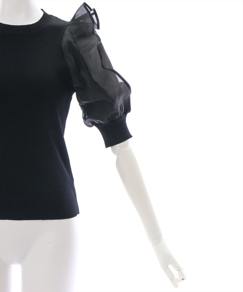 clear（クリア）の「布帛切替半袖パフスリーブニットトップス （ニット/セーター・レディース・オフホワイト/サックスブルー/ブラック/ベージュ・F）」の10枚目の写真