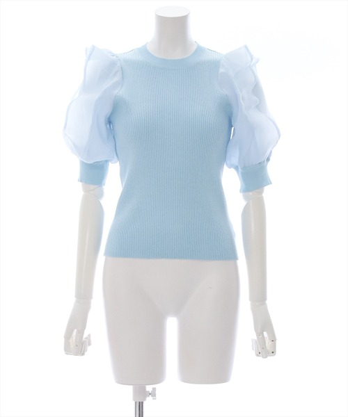 clear（クリア）の「布帛切替半袖パフスリーブニットトップス （ニット/セーター・レディース・オフホワイト/サックスブルー/ブラック/ベージュ・F）」の14枚目の写真