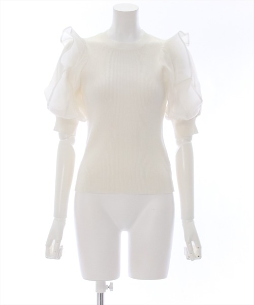 clear（クリア）の「布帛切替半袖パフスリーブニットトップス （ニット/セーター・レディース・オフホワイト/サックスブルー/ブラック/ベージュ・F）」の12枚目の写真