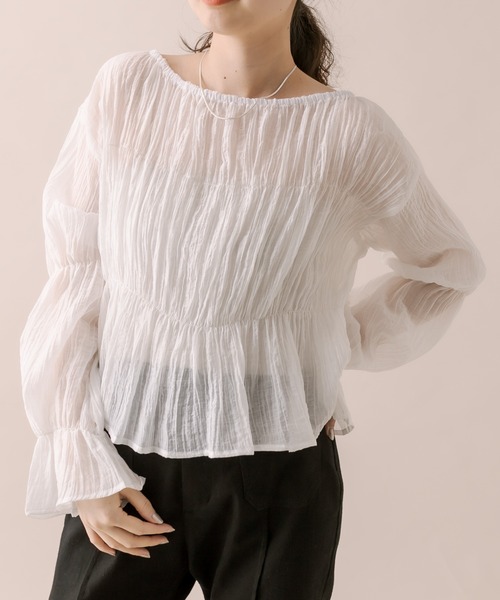 mline（エムライン）の「[mline]シアーギャザーブラウス（シャツ/ブラウス・レディース・ブルー/オフホワイト/イエロー/ブラック・FREE）」の7枚目の写真