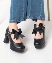 リボン付きチャンキーヒール厚底パンプス