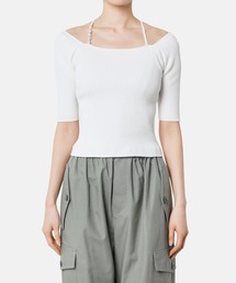 パールストラップハーフスリーブニットトップ / Pearl Strap Half Sleeve Knit Top