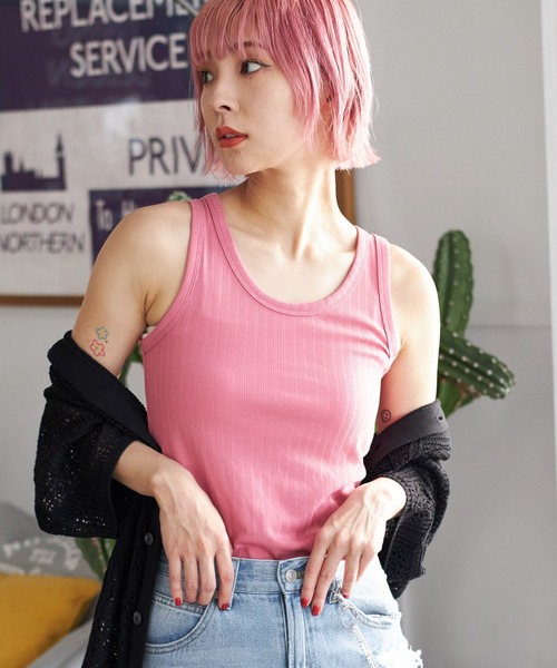 PBLIM（ページボーイリム）の「PAGEBOYLIM/カラーリブタンク（タンクトップ・レディース・ブルー/ブラック/グレイッシュベージュ/ピンク・FREE）」の4枚目の写真