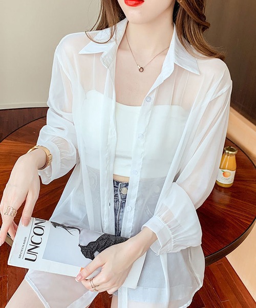 Amulet（アミュレット）の「シースルー長袖シャツ（シャツ/ブラウス・レディース・ピンク/ホワイト/ブルー・L/XL/M）」の10枚目の写真
