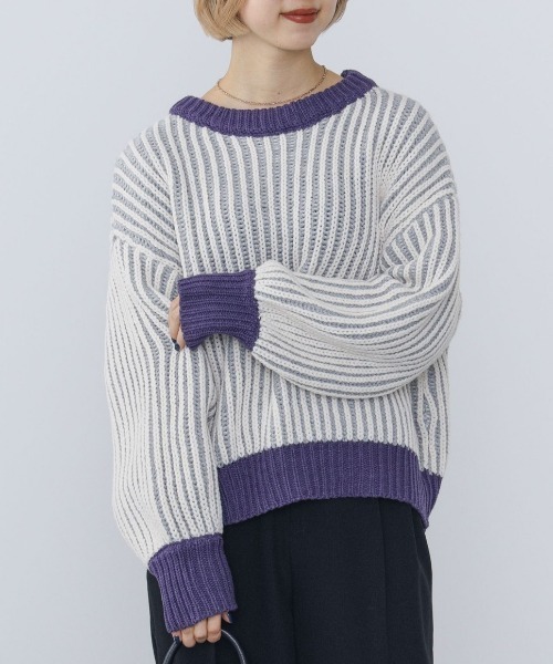 BEAMS HEART（ビームスハート）の「BEAMS HEART / 襟配色 ストライプ柄 ニットプルオーバー（ニット/セーター・レディース・パープル/グリーン系その他/ホワイト系その他5・FREE）」の11枚目の写真