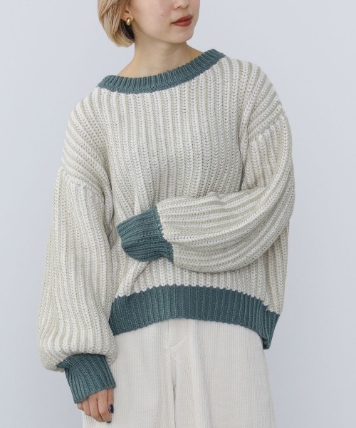 BEAMS HEART（ビームスハート）の「BEAMS HEART / 襟配色 ストライプ柄 ニットプルオーバー（ニット/セーター・レディース・パープル/グリーン系その他/ホワイト系その他5・FREE）」の7枚目の写真