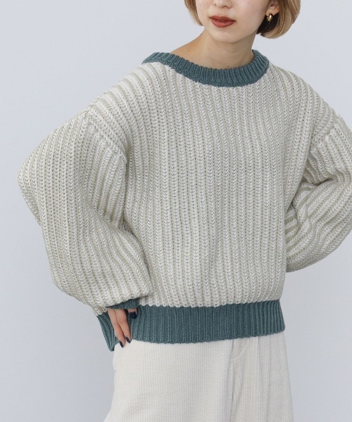 BEAMS HEART（ビームスハート）の「BEAMS HEART / 襟配色 ストライプ柄 ニットプルオーバー（ニット/セーター・レディース・パープル/グリーン系その他/ホワイト系その他5・FREE）」の6枚目の写真