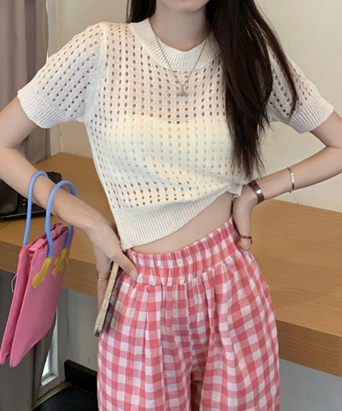 shopnikoniko(ショップニコニコ)の「サマーニット ショート丈 メッシュニットトップス(Tシャツ/カットソー・レディース・ホワイト/ブラック・フリー)」の8枚目の写真