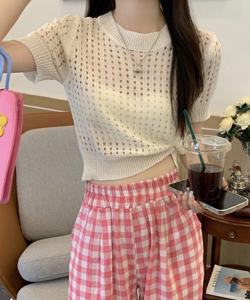 ⭐︎新品タグ付き⭐︎DOUDOU ショート丈 サマーニット ラメ メッシュ ゴールド 人気アイテムが素材を変えて登場！】ショート丈ラメメッシュプル