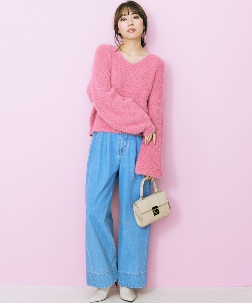 marun(マルン)の「<大きいサイズ> シャギーニットトップス marun(ニット/セーター・レディース・オフホワイト/ピンク系・3L/4L/LL/L/5L)」の6枚目の写真