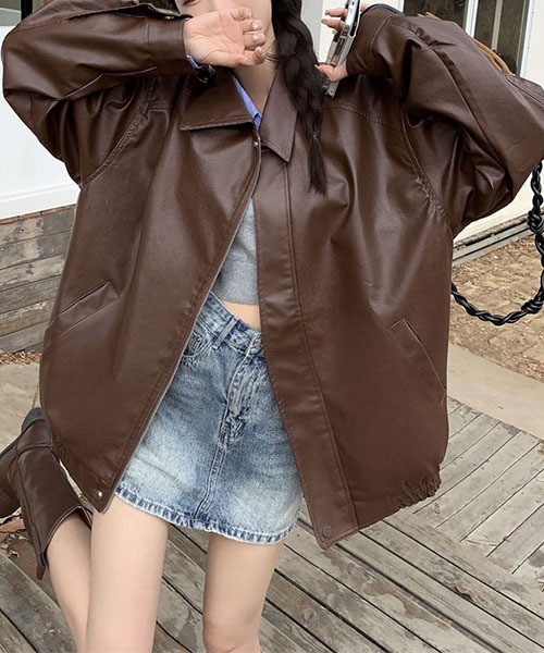 セール】Y2K PUレザー ZIPデザイン オーバーサイズブルゾン ジャケット