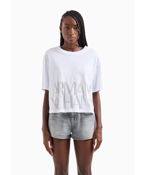 tシャツ 「A|X アルマーニ エクスチェンジ」AXロゴ クロップド 半袖クルーネックTシャツ/CROPPED レディース ARMANI EXCHANGE（アルマーニエクスチェンジ）の「【A|X