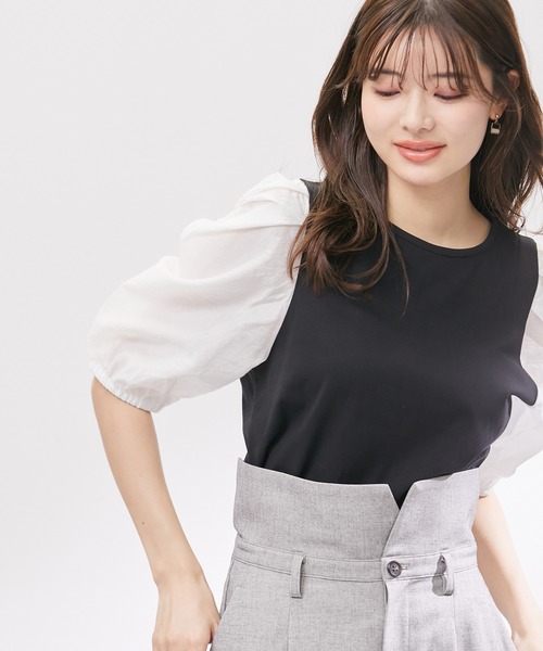 ROPE' PICNIC(ロペピクニック)の「袖異素材カットトップス(Tシャツ/カットソー・レディース・オフホワイト/ライトグレー/ブラック・38)」の2枚目の写真