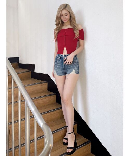 GYDA(ジェイダ)の「ハイウエストcross point bijouデニムショートパンツ(デニムパンツ・レディース・ブルー/インディゴブルー・SMALL/MEDIUM)」の8枚目の写真