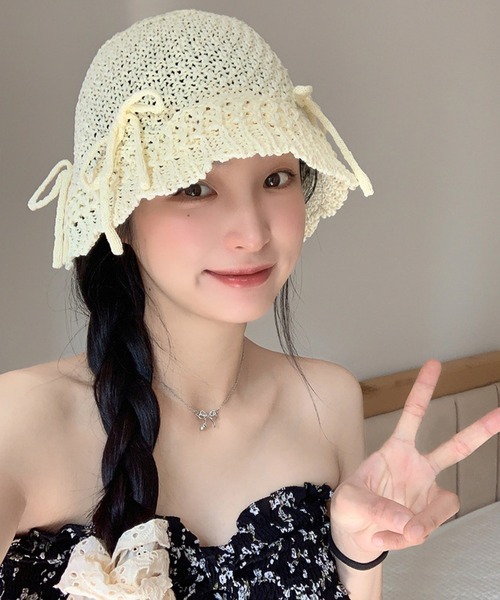 shopnikoniko（ショップニコニコ）の「リボン クロシェ編み ペーパーハット（ハット・レディース・ホワイト/ベージュ・フリー）」の10枚目の写真