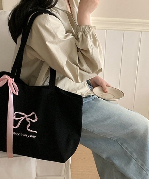 takt‼️ Gypsohila ❣️リボン装飾 エコバッグ グレー Gypsohila ❣️リボン装飾 エコバッグ グレー