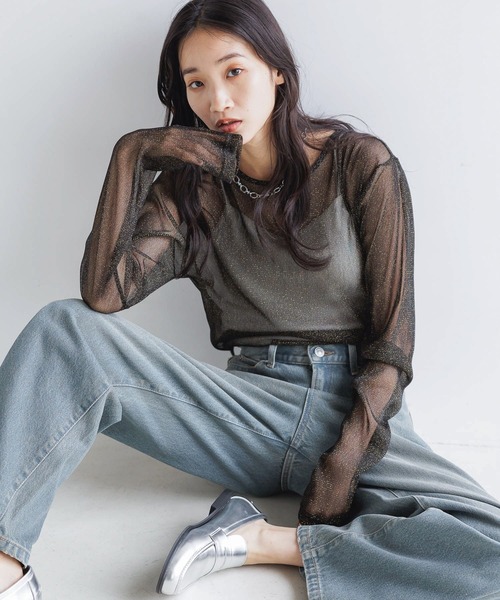 LOWRYS FARM(ローリーズファーム)の「シアーラメクルーLS 143395(Tシャツ/カットソー・レディース・アイボリー/ブラック/グレー/ブルー/その他19/カーキ・FREE)」の3枚目の写真