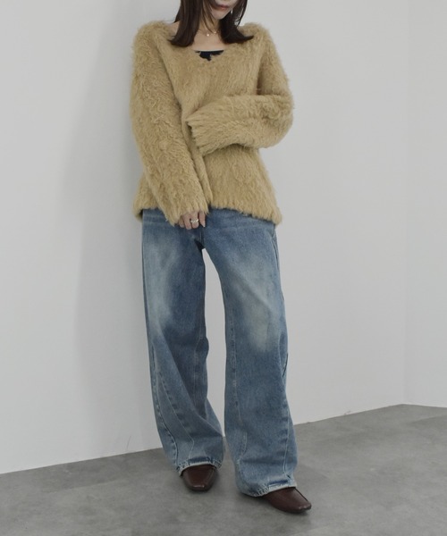 シャギーニット トップス Vネック 秋冬 カジュアル コーデ セール】シャギーVネックニット /ニット ニットトップス Vネック