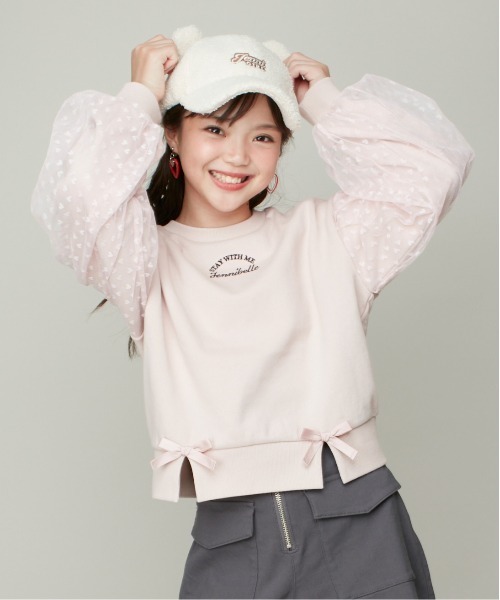 JENNI belle（ジェニィベル）の「【WEB限定】【コットン100％】ハートチュールレイヤードトレーナー（スウェット・キッズ・ラベンダー/ブラック/ピンク・120cm/150cm/140cm/130cm）」の3枚目の写真