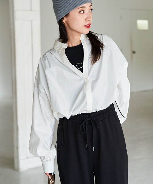 FREAK'S STORE(フリークスストア)の「限定展開 ブロード 裾 ドローコード ショート ロングスリーブ シャツ(シャツ/ブラウス・レディース・ベージュ/サックスブルー/ブラック/ブルー/オフホワイト・フリ-)」の22枚目の写真