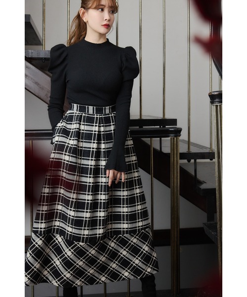 ポストカード付 Volume Sleeve Rib Knit Top Black Volume Sleeve Rib Knit Top