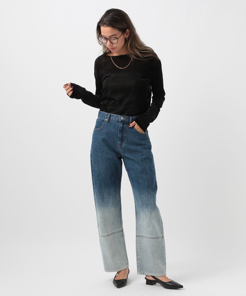 BAYFLOW（ベイフロー）の「[すっきり見えするネックライン]シアーベロアクルーネックプルオーバー（Tシャツ/カットソー・レディース・キャメル/ブラック/オフホワイト・FREE）」の7枚目の写真