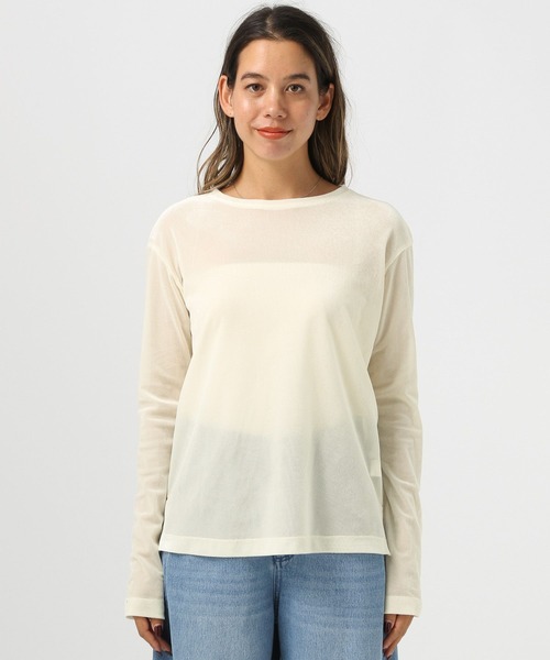 BAYFLOW（ベイフロー）の「[すっきり見えするネックライン]シアーベロアクルーネックプルオーバー（Tシャツ/カットソー・レディース・キャメル/ブラック/オフホワイト・FREE）」の10枚目の写真