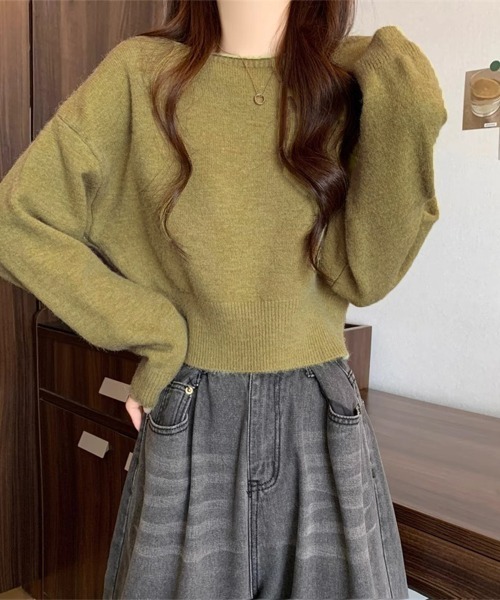 Miniministore(ミニミニストア)の「ニットトップス ショート丈 長袖 無地(ニット/セーター・レディース・グレー/オフホワイト/ラベンダー/ダークベージュ/ブラウン/ブラック/オリーブ・FREE)」の6枚目の写真