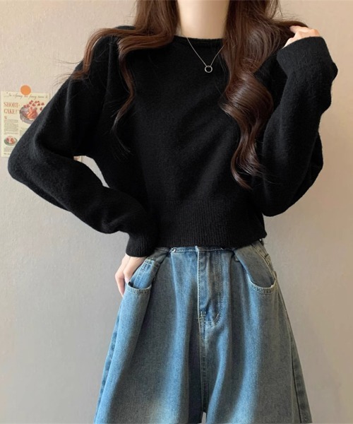Miniministore(ミニミニストア)の「ニットトップス ショート丈 長袖 無地(ニット/セーター・レディース・グレー/オフホワイト/ラベンダー/ダークベージュ/ブラウン/ブラック/オリーブ・FREE)」の3枚目の写真