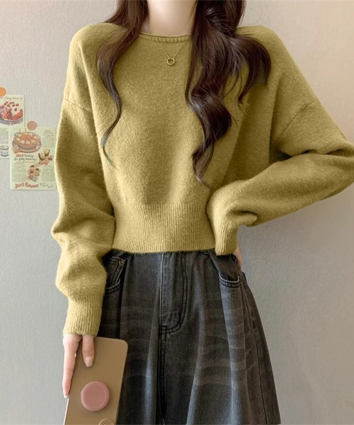 Miniministore(ミニミニストア)の「ニットトップス ショート丈 長袖 無地(ニット/セーター・レディース・グレー/オフホワイト/ラベンダー/ダークベージュ/ブラウン/ブラック/オリーブ・FREE)」の10枚目の写真