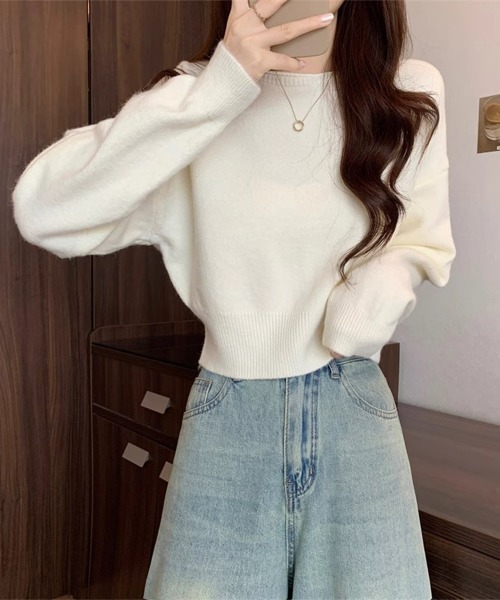 Miniministore(ミニミニストア)の「ニットトップス ショート丈 長袖 無地(ニット/セーター・レディース・グレー/オフホワイト/ラベンダー/ダークベージュ/ブラウン/ブラック/オリーブ・FREE)」の11枚目の写真