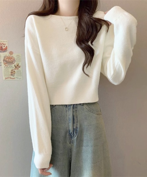 Miniministore(ミニミニストア)の「ニットトップス ショート丈 長袖 無地(ニット/セーター・レディース・グレー/オフホワイト/ラベンダー/ダークベージュ/ブラウン/ブラック/オリーブ・FREE)」の12枚目の写真