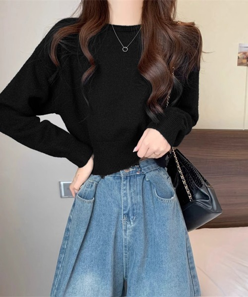 Miniministore(ミニミニストア)の「ニットトップス ショート丈 長袖 無地(ニット/セーター・レディース・グレー/オフホワイト/ラベンダー/ダークベージュ/ブラウン/ブラック/オリーブ・FREE)」の13枚目の写真