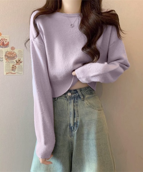 Miniministore(ミニミニストア)の「ニットトップス ショート丈 長袖 無地(ニット/セーター・レディース・グレー/オフホワイト/ラベンダー/ダークベージュ/ブラウン/ブラック/オリーブ・FREE)」の19枚目の写真