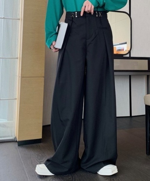 セール】ウエストフック調整ワイドスラックス 変形スラックス 前