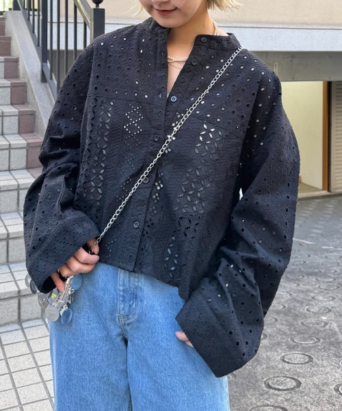 ハグオーワー⭐︎ カットワークレースパッチワークシャツ新品 セール】【From India】切替カットワークレースクロップド丈