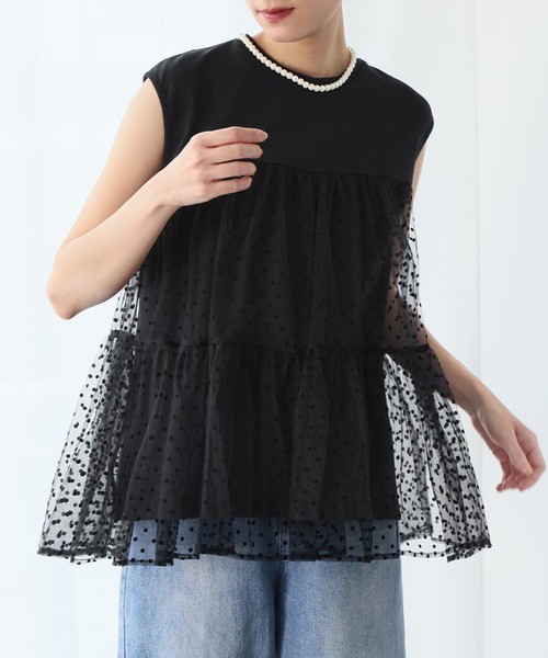 ELFRANK（エルフランク）の「ドットチュールドッキングカットソー（Tシャツ/カットソー・レディース・ブラック/オフホワイト・FREE）」の7枚目の写真