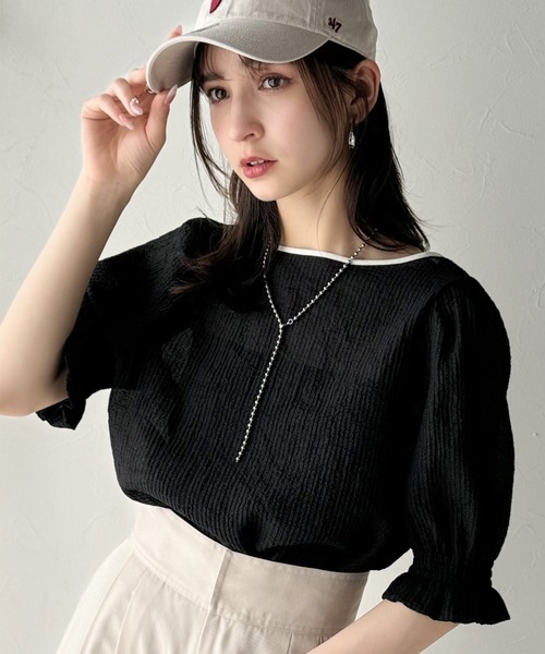 classicalelf(クラシカルエルフ)の「涼しげ&透明感◎配色パイピング バルーンフリルスリーブ楊柳ブラウス(プルオーバー)(Tシャツ/カットソー・レディース・グリーン/アイボリー/ブラック・MEDIUM/LARGE/X-LARGE/SMALL)」の17枚目の写真
