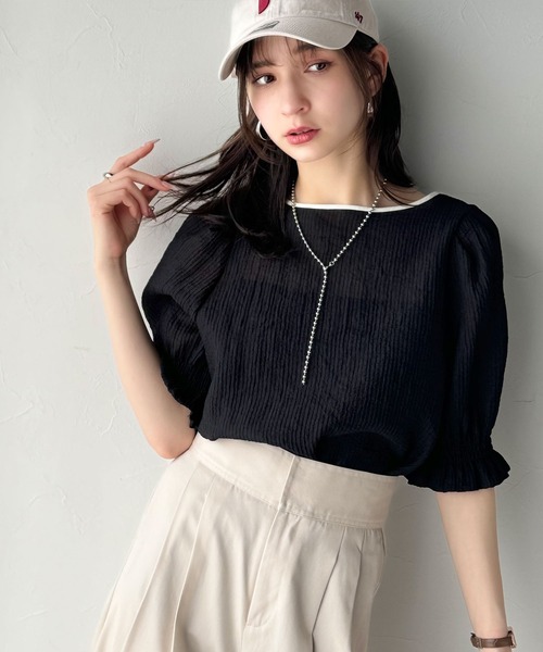 classicalelf(クラシカルエルフ)の「涼しげ&透明感◎配色パイピング バルーンフリルスリーブ楊柳ブラウス(プルオーバー)(Tシャツ/カットソー・レディース・グリーン/アイボリー/ブラック・MEDIUM/LARGE/X-LARGE/SMALL)」の16枚目の写真