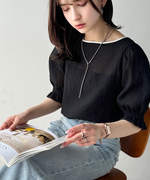 classicalelf(クラシカルエルフ)の「涼しげ&透明感◎配色パイピング バルーンフリルスリーブ楊柳ブラウス(プルオーバー)(Tシャツ/カットソー・レディース・グリーン/アイボリー/ブラック・MEDIUM/LARGE/X-LARGE/SMALL)」の21枚目の写真