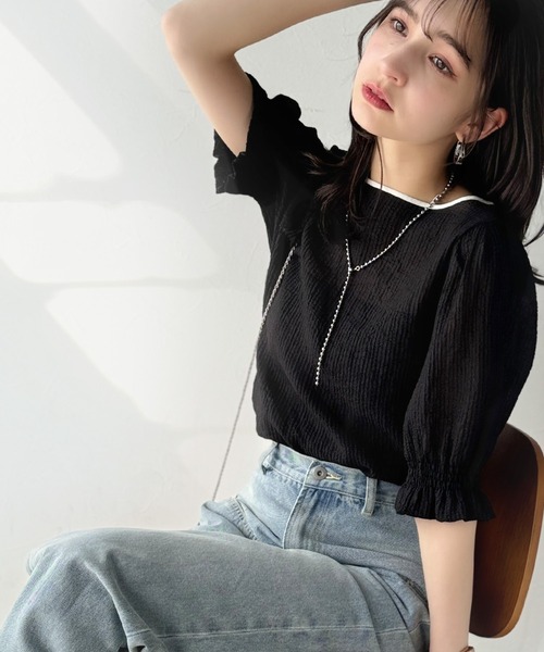 セール】涼しげ＆透明感◎配色パイピング バルーンフリルスリーブ楊柳