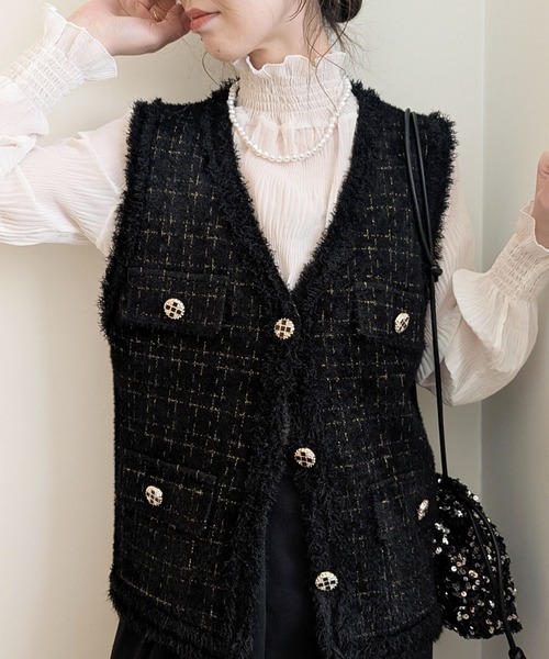 styiro(スタイロ)の「ツイードライクニットジレ ベスト 七五三 ハレの日 セレモニー その後オフィス服(ベスト・レディース・ブラック/ホワイト・FREE)」の1枚目の写真